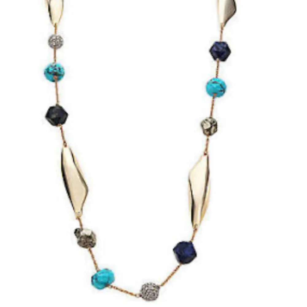 ALEXIS BITTAR NEW Gold Long Lapis Turquoise Pyrite Bead Chain  Gemstone Necklace